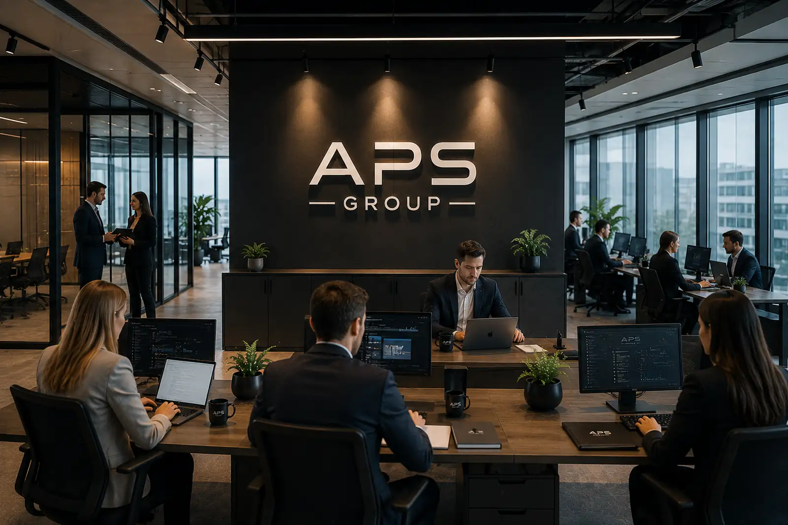 APS Group Unternehmensberatung Büroraum mit Logo als Symbol für moderne Beratung Analyse und digitale Prozesse