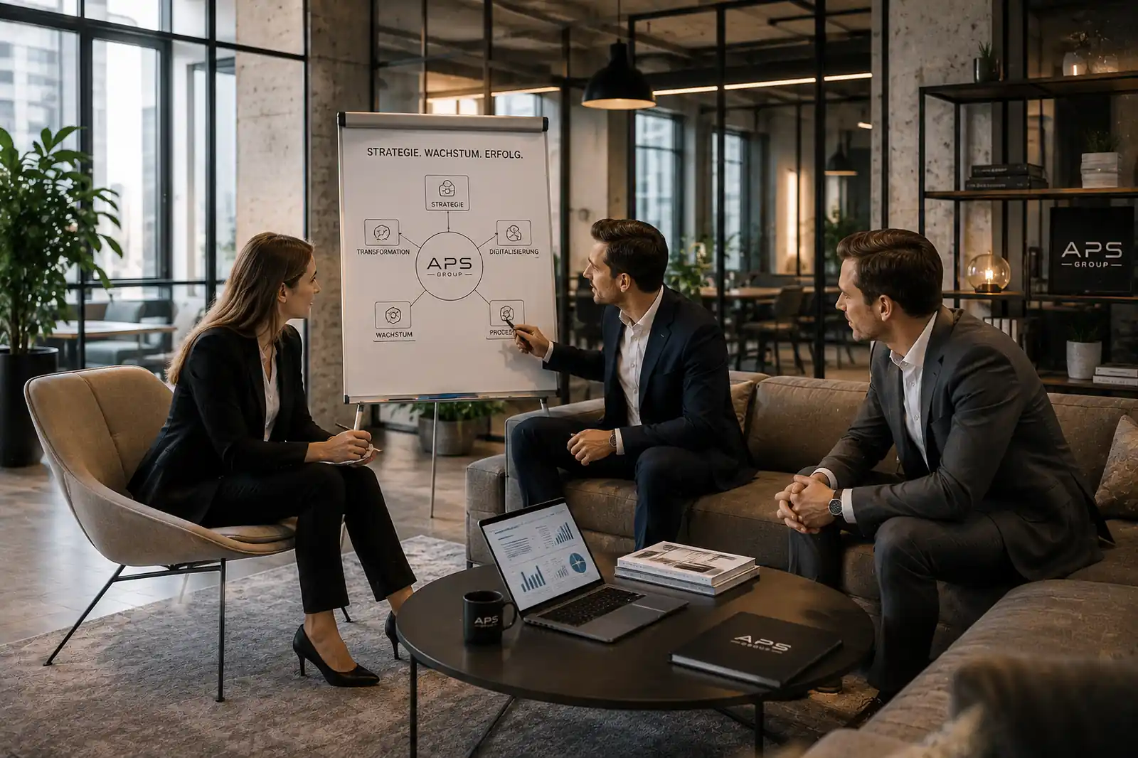 Beratungsgespräch Unternehmensberatung | APS Group APS Group Beratungsgespräch in moderner Business Lounge