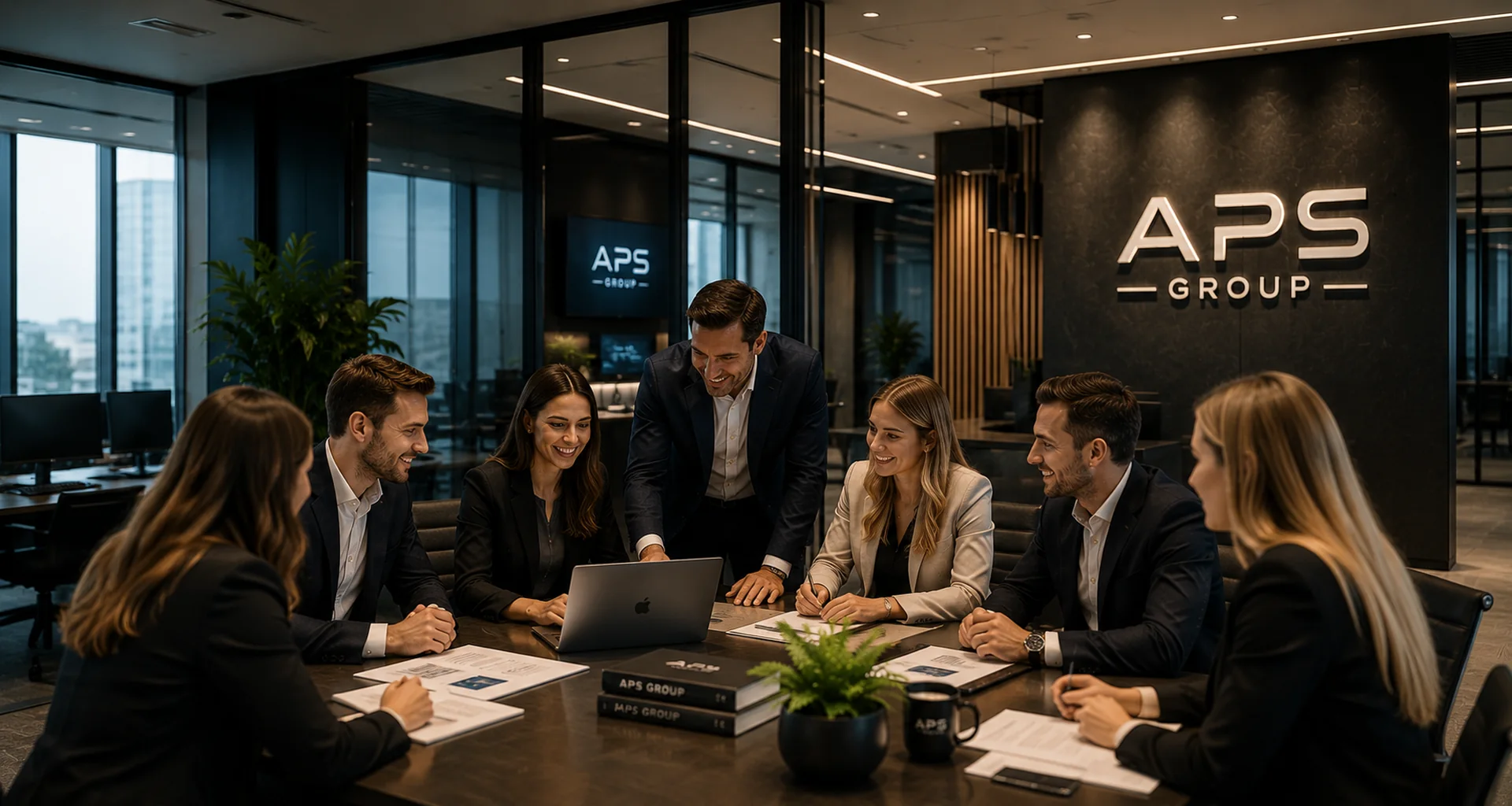 APS Group Unternehmensberatung Team im modernen Besprechungsraum für Strategie Digitalisierung Prozessoptimierung Automatisierung KI Beratung und Unternehmensentwicklung