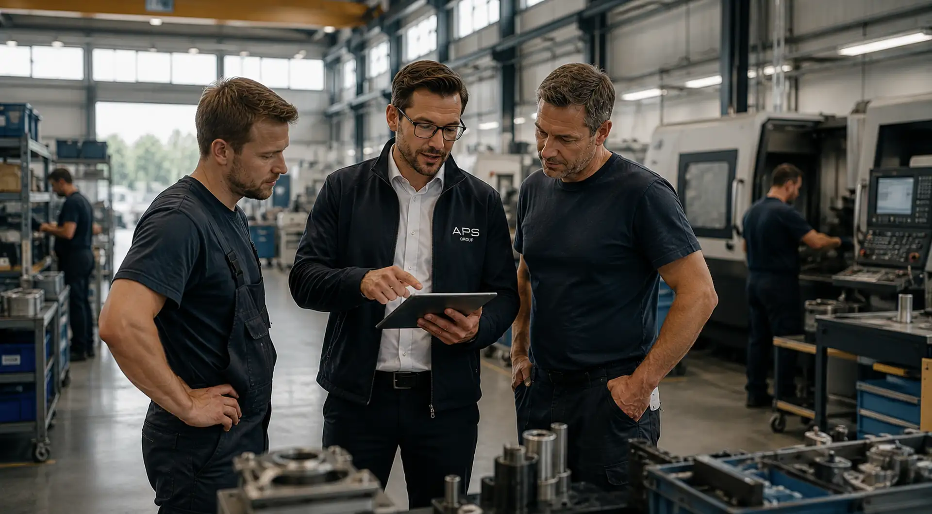 Prozesse im Betrieb verstehen Prozessoptimierung Werkshalle Mitarbeitergespräch APS Group