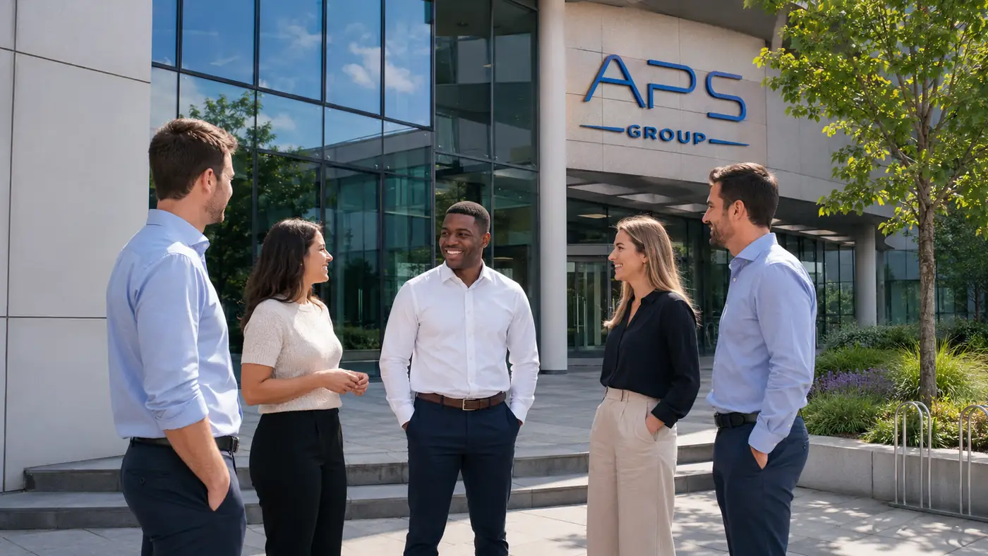 Mitarbeitergewinnung mit persönlicher Abstimmung Mitarbeiter vor Bürogebäude Gespräch APS Group